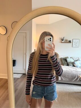 a new day Striped Long-Sleeve Crewneck Top in Black, Pink and Gray